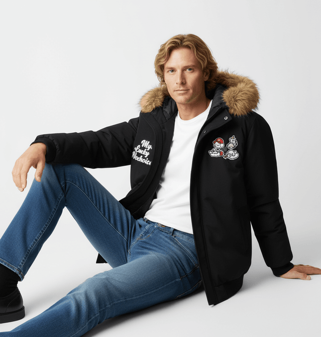 Fur Collar Embroidered Hooded Cotton Coat model showcasing comfort with stylish embroidered details and fur collar.