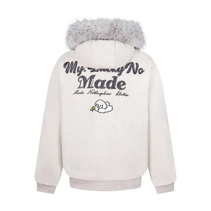 Fur Collar Embroidered Hooded Cotton Coat featuring embroidered detailing and a stylish fur hood.