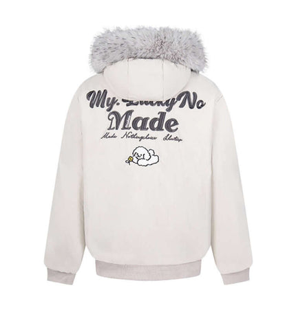 Fur Collar Embroidered Hooded Cotton Coat featuring embroidered detailing and a stylish fur hood.