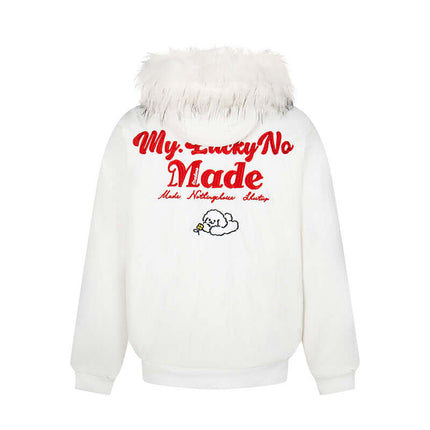 Fur Collar Embroidered Hooded Cotton Coat featuring a stylish white design with red embroidered lettering and a fluffy hood.
