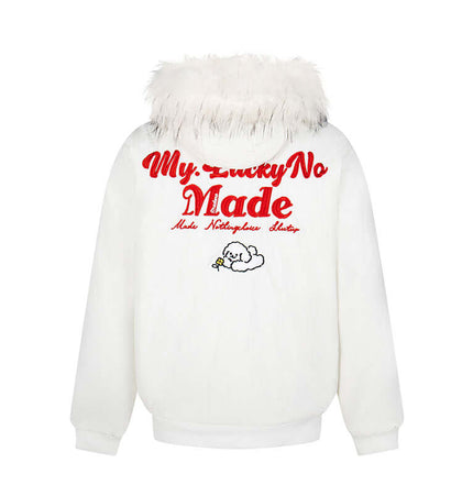 Fur Collar Embroidered Hooded Cotton Coat featuring a stylish white design with red embroidered lettering and a fluffy hood.