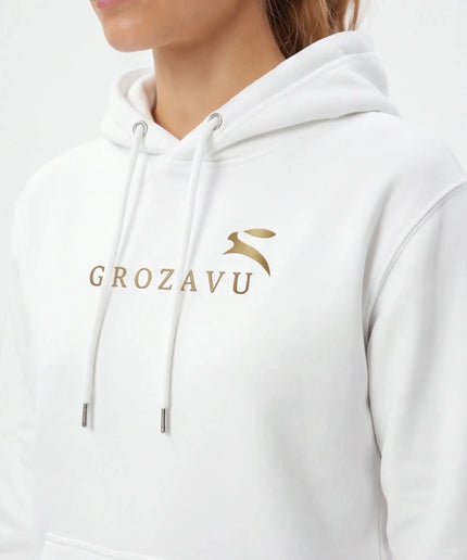 Front view of the Maison Grozavu Stark Chalk Hoodie in collection — showing the sleek silhouette.