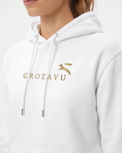 Front view of the Maison Grozavu Stark Chalk Hoodie in collection — showing the sleek silhouette.