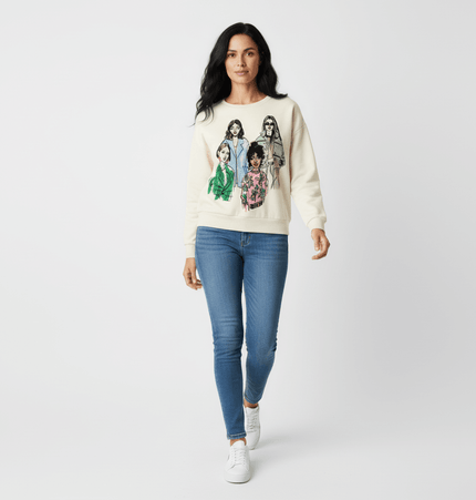 Girl Print Round Neck Sweatshirt worn by a woman, featuring trendy girl patterns and a casual style.