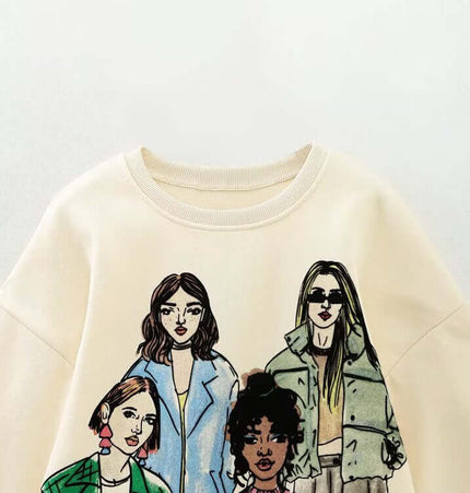Girl Print Round Neck Sweatshirt featuring stylish illustrations of girls in trendy outfits.