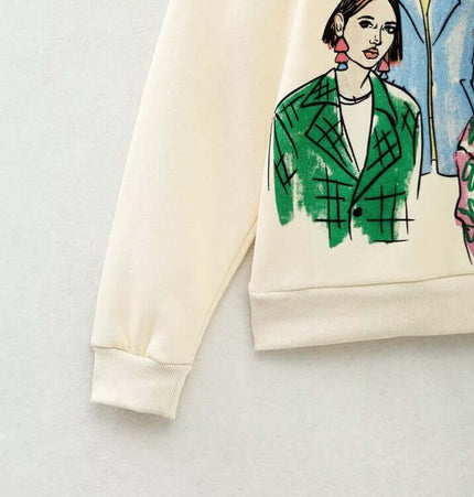 Girl Print Round Neck Sweatshirt featuring stylish girl illustrations on soft fabric.