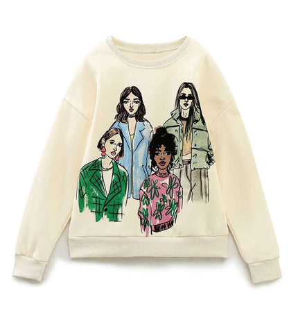 Girl Print Round Neck Sweatshirt featuring trendy illustrated fashion designs on a cozy fabric.