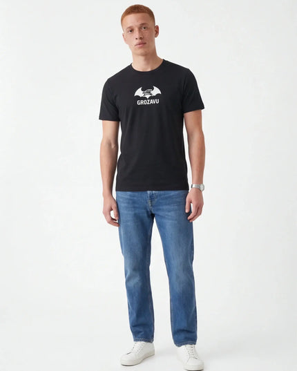 Maison Grozavu Modern Stone Crewneck — rear view displaying the back panel detailing and structured hemline in neutral