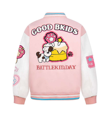 Letter Embroidery Colorblock Jacket featuring playful dog and cake embroidery on a pink background.