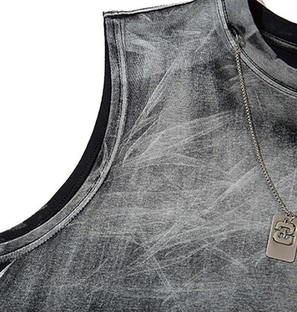 Gradient Chain Tank Top – Loose Fit showcasing a distressed gray fabric and chain strap detail.
