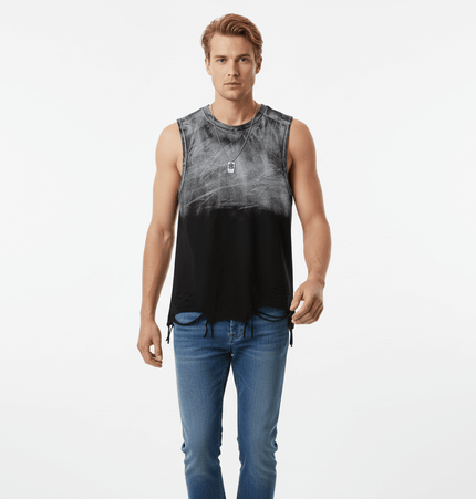 Gradient Chain Tank Top – Loose Fit featuring a stylish man wearing a tie-dye distressed tank top with chain straps.