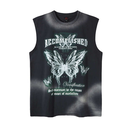 Graffiti Butterfly Print Tank Top - Loose Fit showcasing a bold butterfly design on a sleeveless shirt for streetwear style.