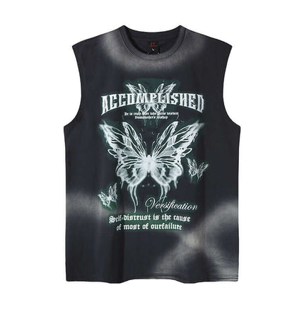 Graffiti Butterfly Print Tank Top - Loose Fit showcasing a bold butterfly design on a sleeveless shirt for streetwear style.