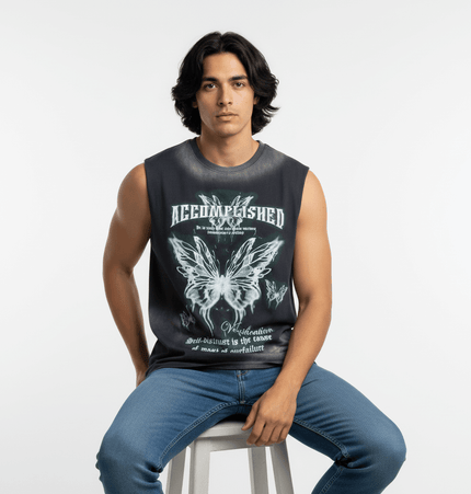 Graffiti Butterfly Print Tank Top - Loose Fit worn by a man with a casual pose, featuring butterfly graphic and letter print.