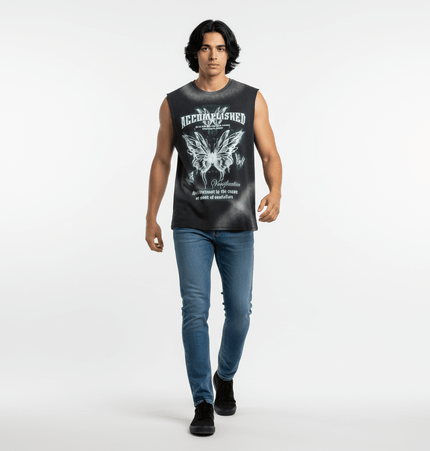 Graffiti Butterfly Print Tank Top - Loose Fit worn by a male model walking in casual jeans and shoes.