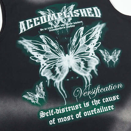 Graffiti Butterfly Print Tank Top - Loose Fit featuring a striking butterfly and bold text design on a casual sleeveless shirt.