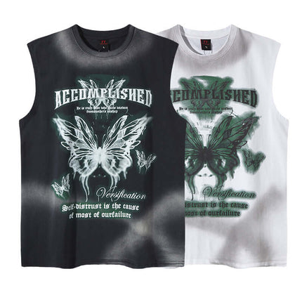 Graffiti Butterfly Print Tank Top - Loose Fit in black and white with butterfly graphic and streetwear style.