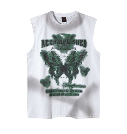 Graffiti Butterfly Print Tank Top - Loose Fit featuring a bold butterfly graphic on a white sleeveless shirt.