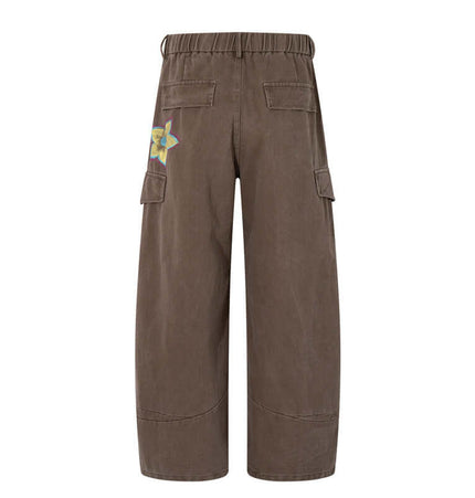 Back view of Graffiti Printed Cargo Denim Pants with colorful floral graffiti design and relaxed fit.