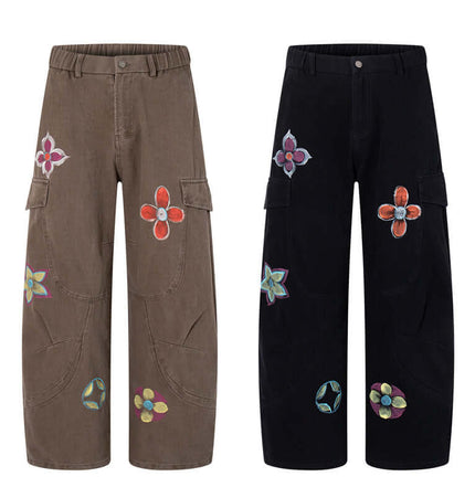 Graffiti Printed Cargo Denim Pants featuring hand-painted flower designs in brown and black colors.
