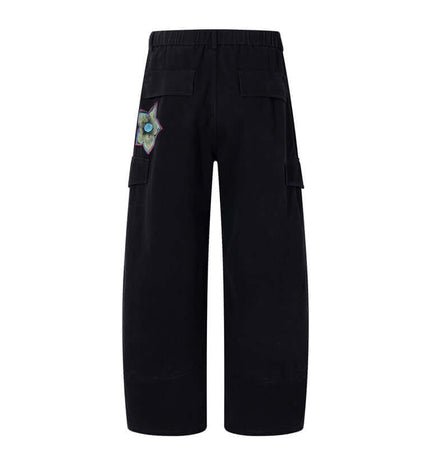 Graffiti Printed Cargo Denim Pants featuring hand-painted flower graffiti artwork, viewed from the back.