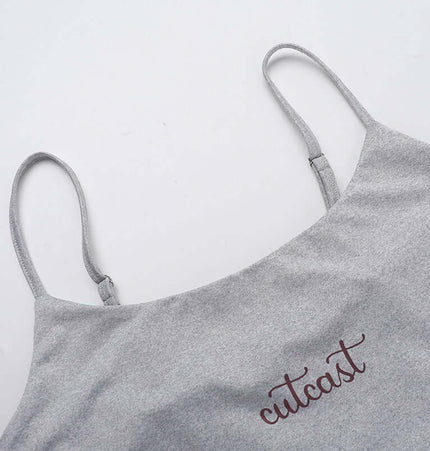 Casual Fit Square Neck Sleeveless Outfit featuring gray fabric with print detail on a clean background.