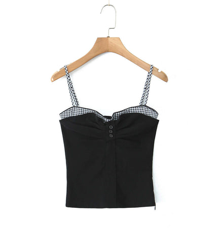 Grid-Stitched Strapless Tank Top – Slim Fit featuring a stylish black design with checkered straps and buttons.