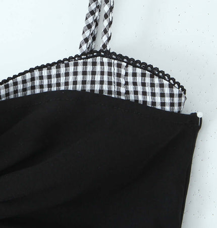Grid-Stitched Strapless Tank Top – Slim Fit showing black fabric with a grid-stitched pattern and strap details.