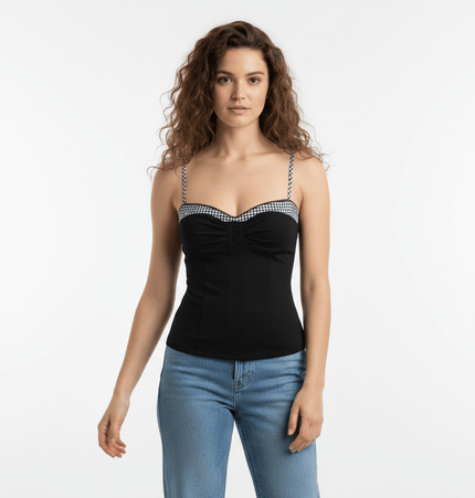 Grid-Stitched Strapless Tank Top – Slim Fit displayed on a model, showcasing its stylish design and flattering fit.
