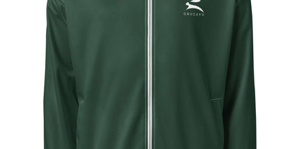 Front view of the Maison Grozavu Ghost Jacket Cut in jacket — showing the refined stitching.