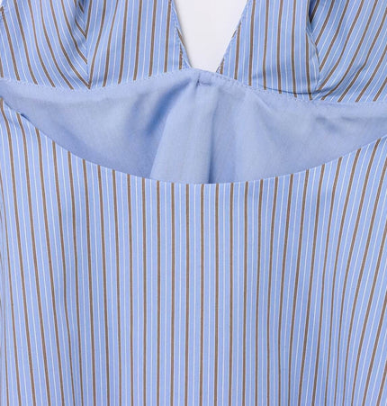 Backless Bow Tie Hanging Neck Tank Top featuring a backless design and soft fabric with blue and brown stripes.