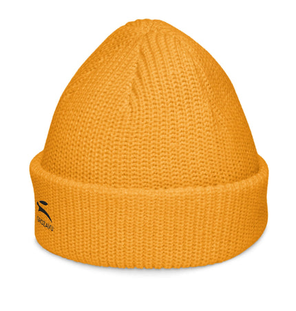 Grozavu beanie in bright yellow color, featuring wide ribbed knit design for cozy warmth and stylish looks.