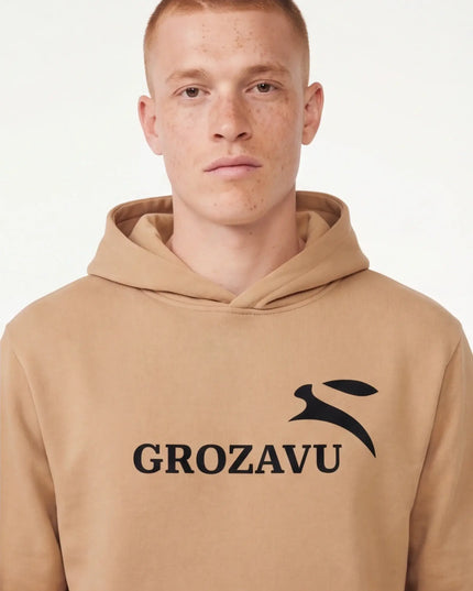 Front view of the Maison Grozavu Classic Slate Hoodie in touch — showing the relaxed fit.