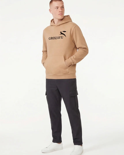 Front view of the Maison Grozavu Classic Slate Hoodie in touch — showing the premium fabric texture.