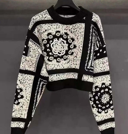 Camellia Jacquard Beaded Knit Sweater with artistic pattern and bead embellishments.
