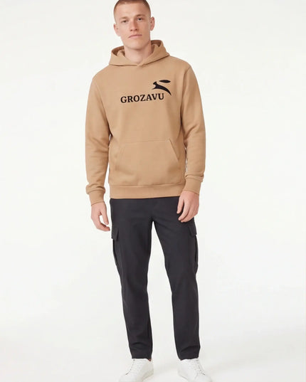 Front view of the Maison Grozavu Classic Slate Hoodie in touch — showing the clean lines.