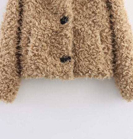 Collar Fur One-Piece Coat – Regular Fit featuring a soft fur texture and classic flip collar in khaki.