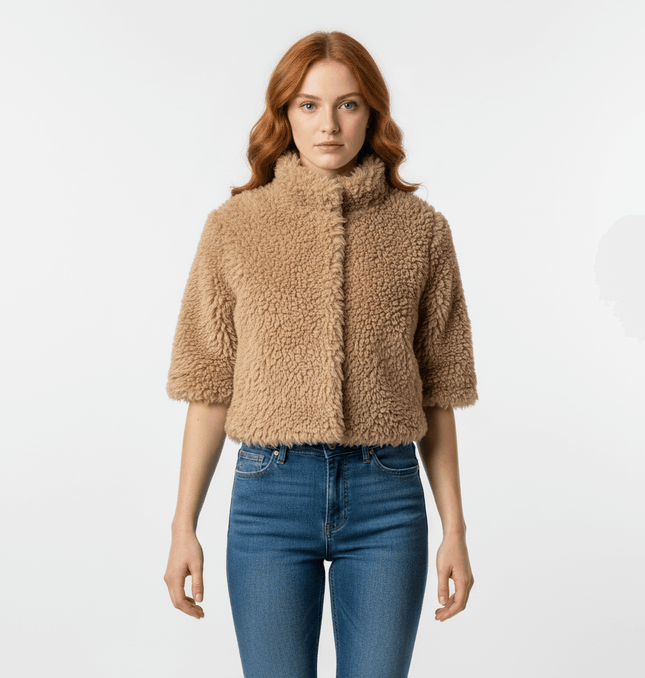 Collar Fur One-Piece Coat – Regular Fit, featuring a soft fur texture and classic flip collar in versatile khaki.