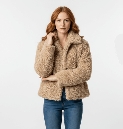 Collar Fur One-Piece Coat – Regular Fit designed for women in khaki color, showcasing a classic flip collar.