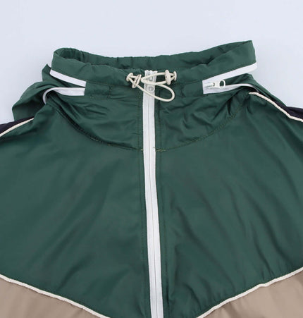 Color Block Jacket and Long Pants Set - Close-up of the green color-block jacket with zipped collar.