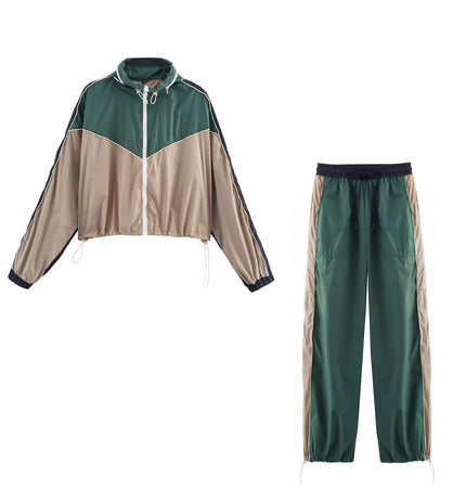 Color Block Jacket and Long Pants Set in green and beige, featuring a trendy cropped design for modern street fashion.