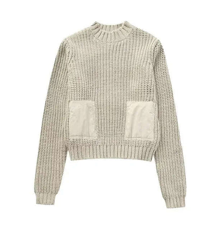 Contrast Cropped Knit Sweater – Slim Fit in neutral ribbed fabric with contrasting pockets and long sleeves.