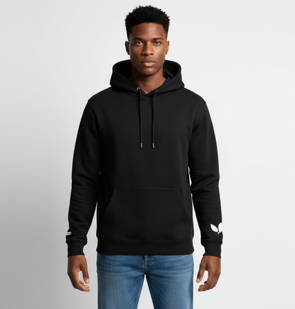 Cross Embroidered Hoodie – Loose Fit in black with hood, relaxed fit and long sleeves, suitable for casual urban styling.