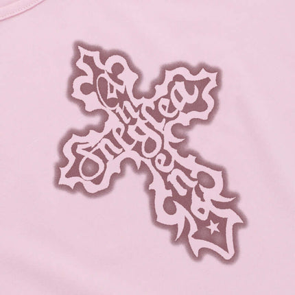 Cross Print Crop TShirt - Slim Fit featuring bold cross graphic design in pink on smooth fabric.