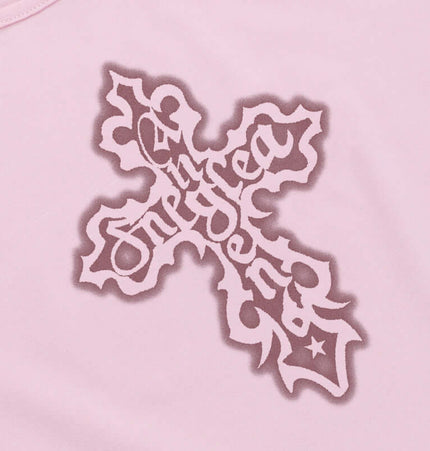 Cross Print Crop TShirt - Slim Fit featuring bold cross graphic design in pink on smooth fabric.