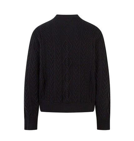 Back view of the Diamond Pattern Jacquard Knit Sweater in black, showcasing its textured design.