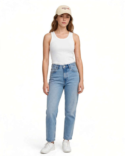 Full-body shot wearing the beige enzyme-washed cotton cap
