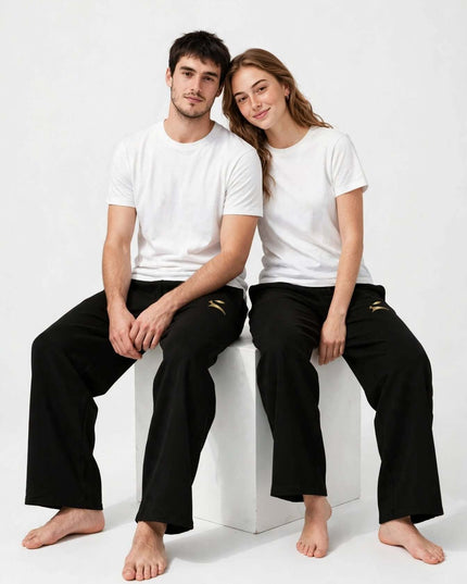 Studio duo shot of the everyday wide-leg pants with the printed mark