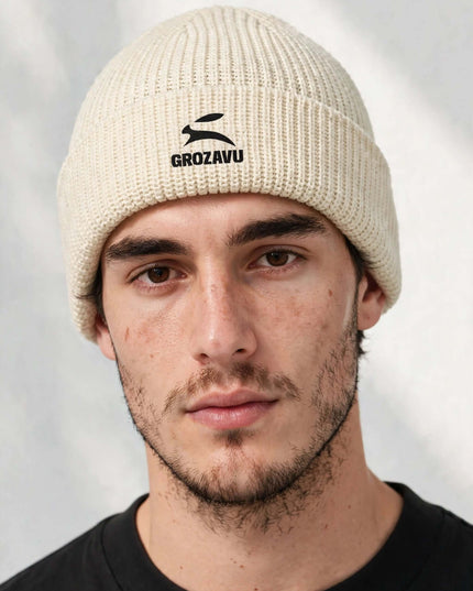 Macro of the wide ribbed acrylic knit on the fisherman beanie