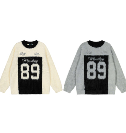Fleece Letter Pullover Sweater – Loose Fit in gray and apricot tones with letter graphics and relaxed fit.